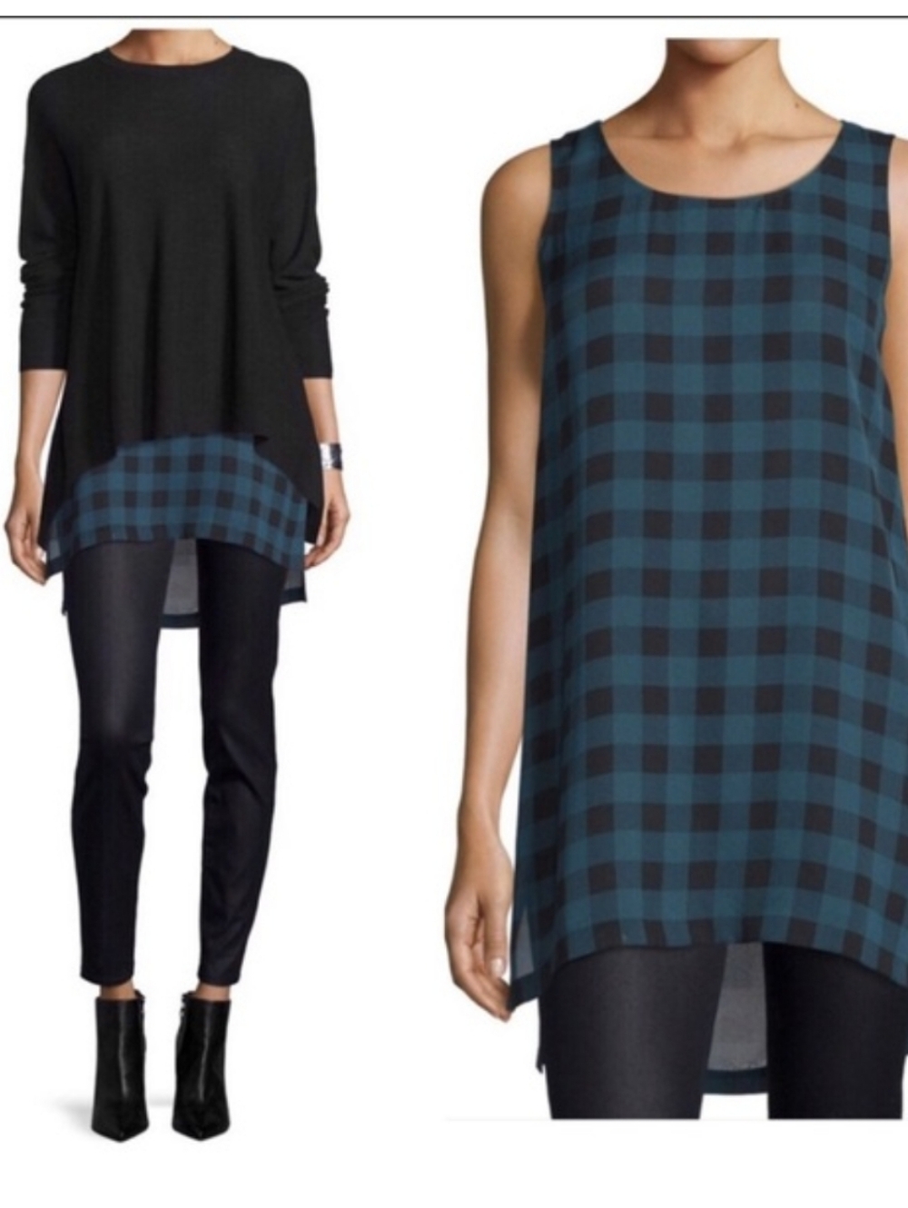 Eileen Fisher Blue Black Buffalo Plaid Silk Long Tunic Tank Top